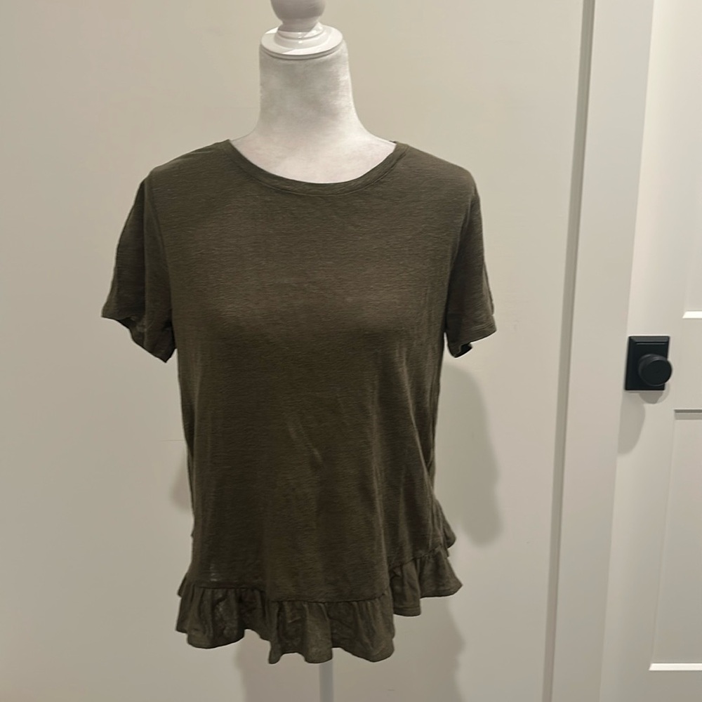 NWT JCrew Olive Green Linen Ruffle Tee Sz M
